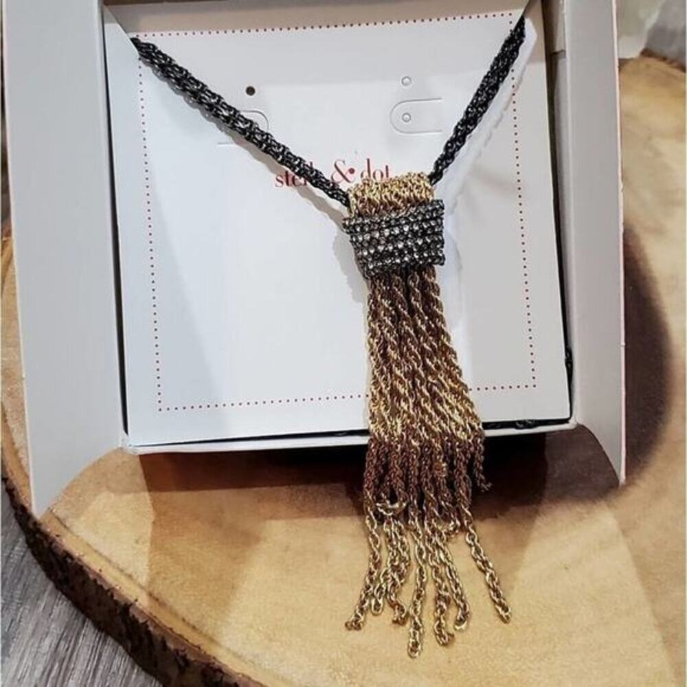 Stella & Dot Mixed Metal Pave Crystal‎ Tassel Pendant Necklace Gold Hematite